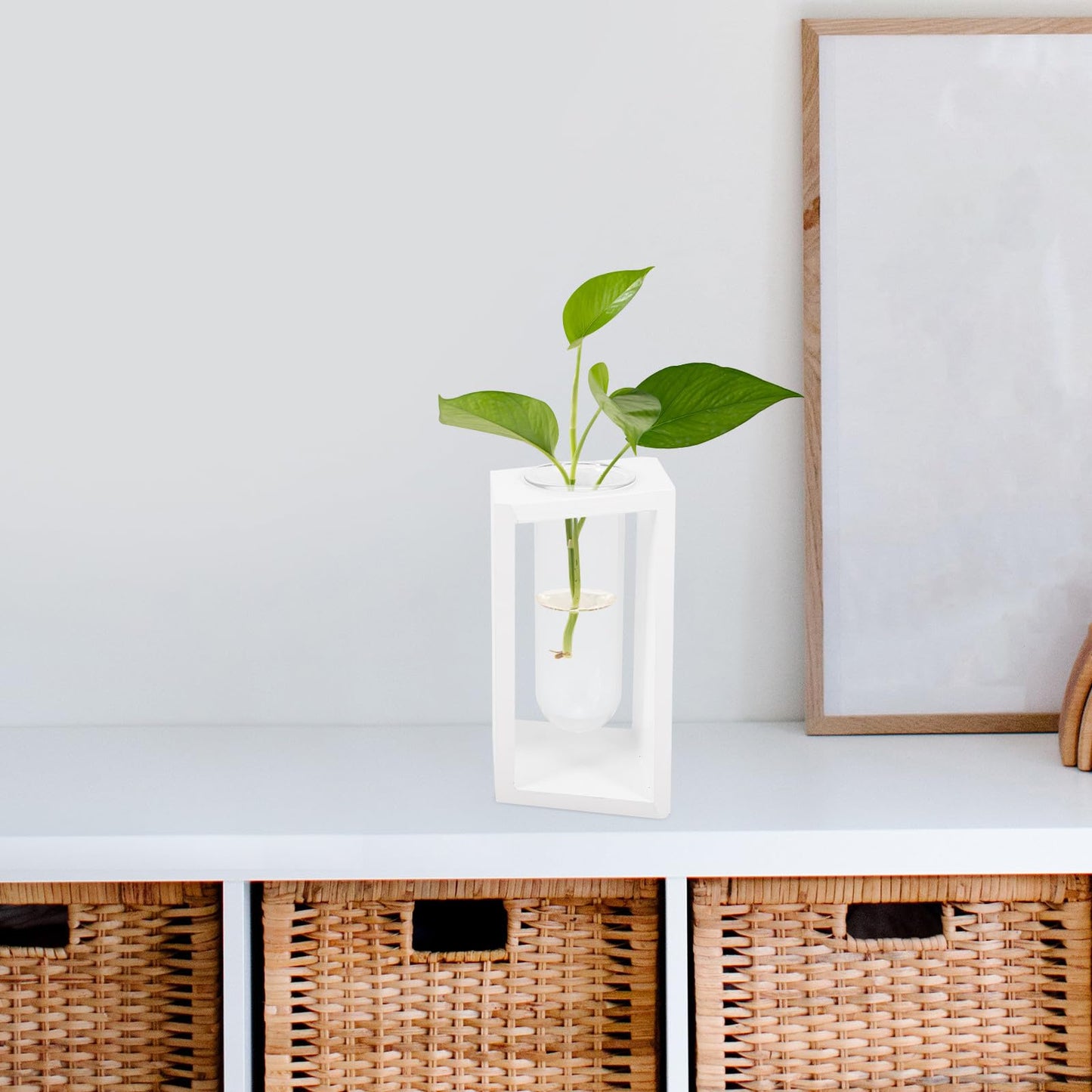 Hemobllo Nordic Style Wooden Frame Glass Propagation Vase Test Tube Planter for Indoor Hydroponic Plants White Holder Home Décor Terrarium Container