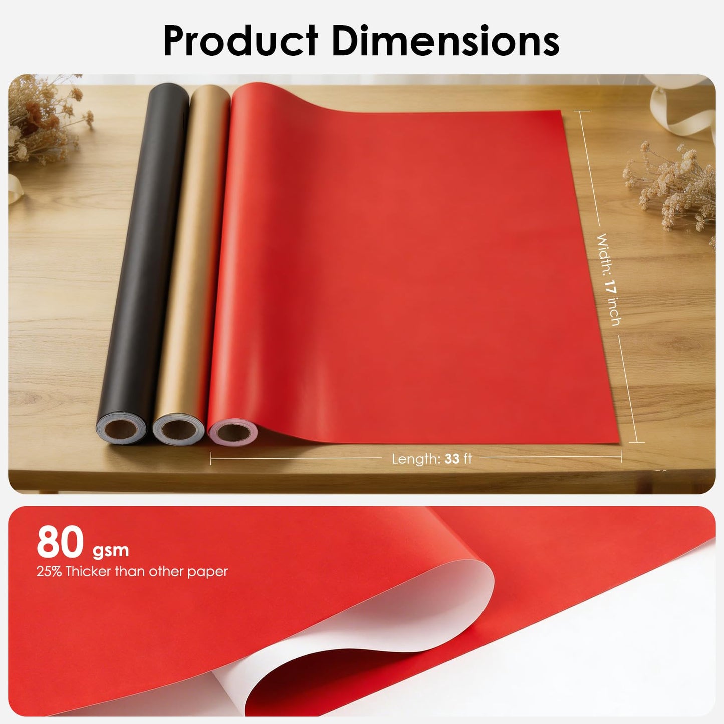 Isaspire Gift Wrapping Paper Set - 3 Rolls, Black, Red, and Gold Wrapping Paper for Christmas, Birthdays, Weddings, Graduations, and Baby Showers, Includes Gift Bow, 17 x 394 inches per roll