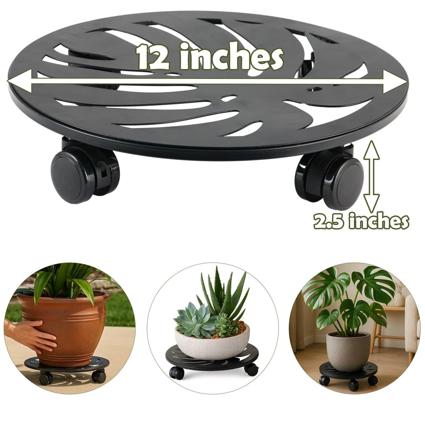 lucpur 2-Pack 12" Round Metal Plant Caddy with Wheels Heavy-Duty Large Rolling Plant Stand Indoor Outdoor Wheeled Planter Dolly Cart Coaster Flower Pot Mover Roller Base, Garden Trolley
