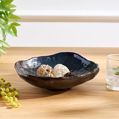 VOMANA Ceramic Decorative Dish, Irregular-Edge Stoneware Centerpiece Dish for Coffee Garden Home Entryway Table, Key Bowl, Fruit Bowl, Handcrafted Gift Decor (10 inch Dark Blue)