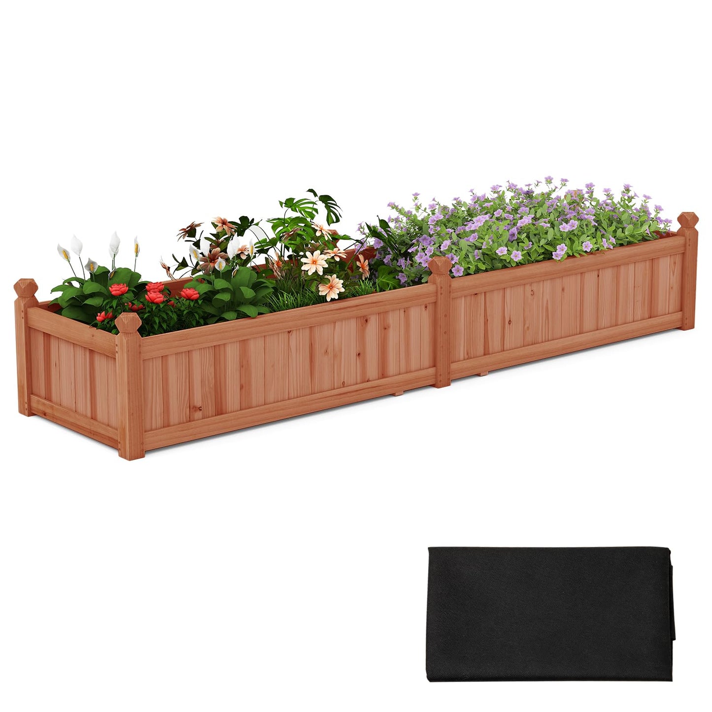HAPPYGRILL Raised Garden Bed, Wood Elevated Flower Box with 8 Drain Holes, Liner, for Flowers, Vegetables, Herbs, Fruits, Outdoor Planter Box for Backyard, Garden, Lawn, 89" x 23.5" x 16"