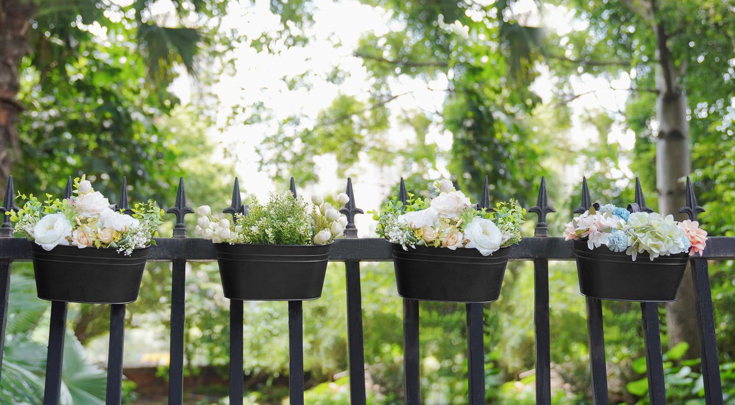 Dahey 10.5 Inch Metal Iron Hanging Flower Pots for Railing Fence Hanging Bucket Pots Countryside Style Outdoor Planter Window Flower Plant Holder with Detachable Hooks Home Decor, Black,4 Pcs