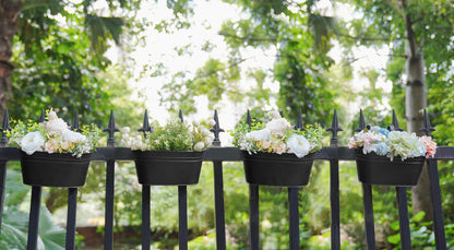 Dahey 10.5 Inch Metal Iron Hanging Flower Pots for Railing Fence Hanging Bucket Pots Countryside Style Outdoor Planter Window Flower Plant Holder with Detachable Hooks Home Decor, Black,4 Pcs