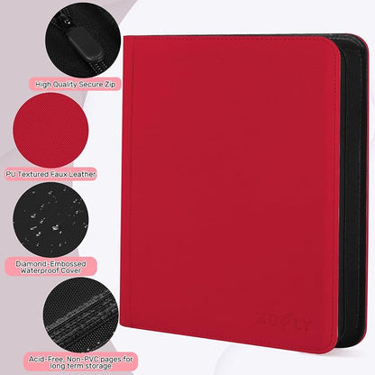 12 Pocket Zipper Trading Card Binder, 720 Large Capacity Side Loading Non-Ring Card Album, Double Sided Acid-Free Card Protector Binder for TCG, MTG, Sport Card, Red