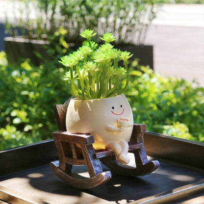 MUZZIOU Smiley Face Planter Pot, Cute Resin Smile Face Flower Head Plant Pot, Creative Flower Pot for Indoor Outdoor Plants, Funny Home Decoration (Drinking Coffee)