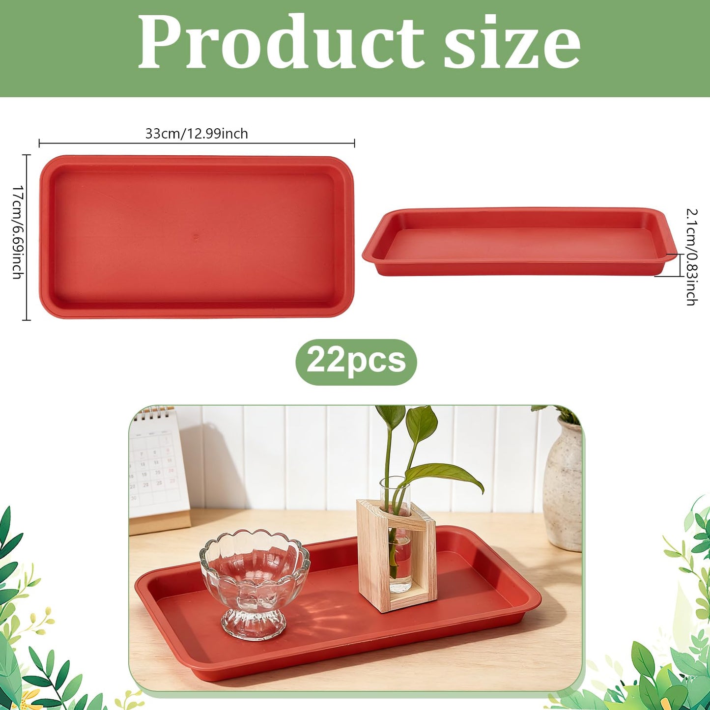 INTERWARM 22 Pcs Rectangular Planter Saucer Pans, Large Plastic Plant Drip Trays for Watering,Flower Pot Trays for Indoors Outdoors Garden Supplies (Indian Red, 13x6.7x0.83in)