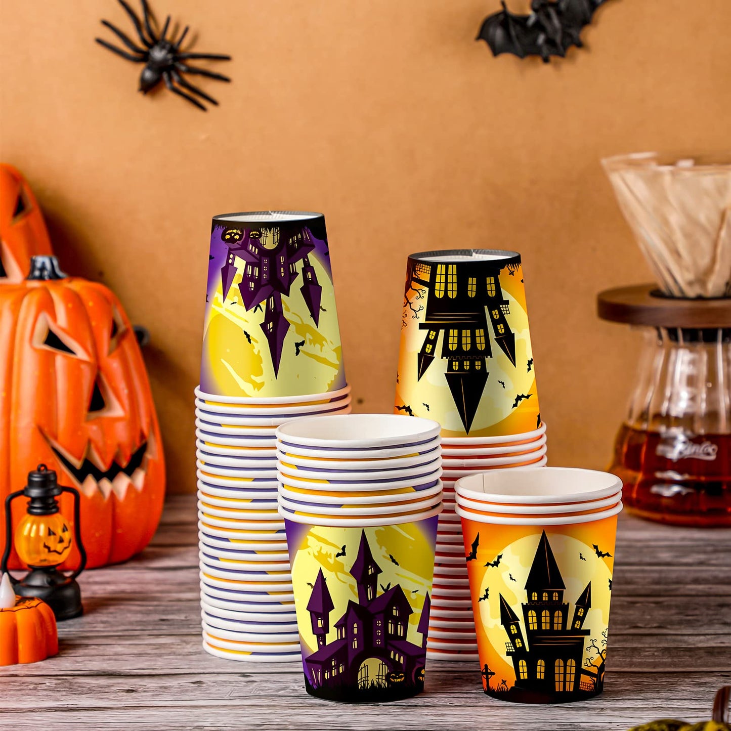 Rtteri 100 Pcs Halloween Disposable Paper Cups 9 oz Disposable Pumpkins Castle Cups for Adults Hot Cold Beverage Juice Snack and Drink Cup Coffee Cups Decoration Supplies for Halloween