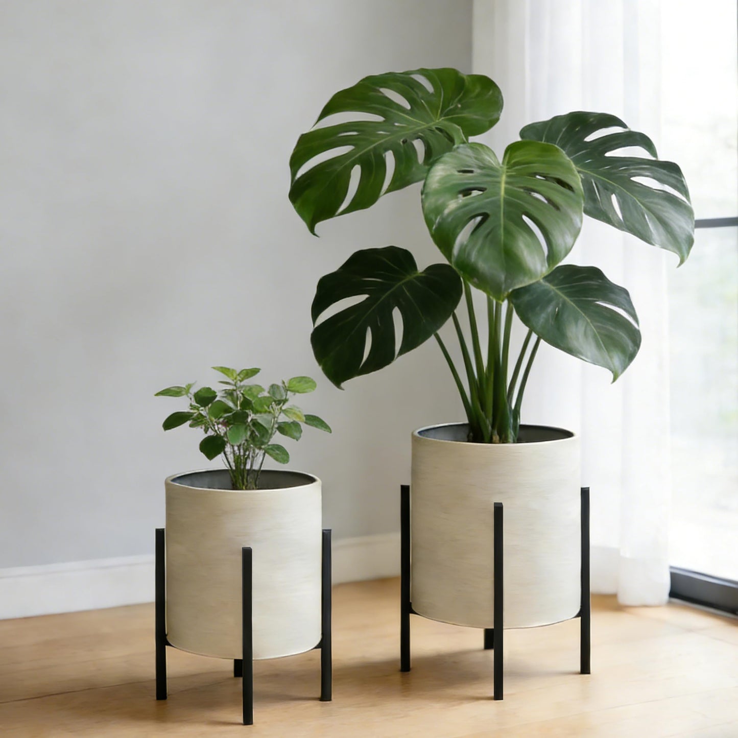 ARNIS Modern Plant Pots, Set of 2 Large Planters with Stand, Decorative Planters, Metal Pots with Drainage Holes for Living Room, Office, Garden or Balcony, 8.25 &10.5 Inch, Grey