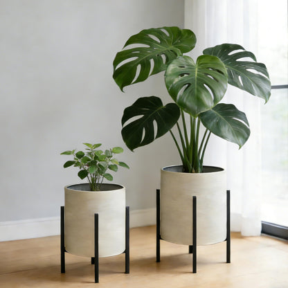 ARNIS Modern Plant Pots, Set of 2 Large Planters with Stand, Decorative Planters, Metal Pots with Drainage Holes for Living Room, Office, Garden or Balcony, 8.25 &10.5 Inch, Grey