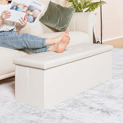 PINPLUS Folding Storage Ottoman Bench with Tray, 43.3inches Faux Leather Long Storage Chest Footrest Seat, Coffee Table, Foot of Bed Storage Bench for Living Room Bedroom, Beige