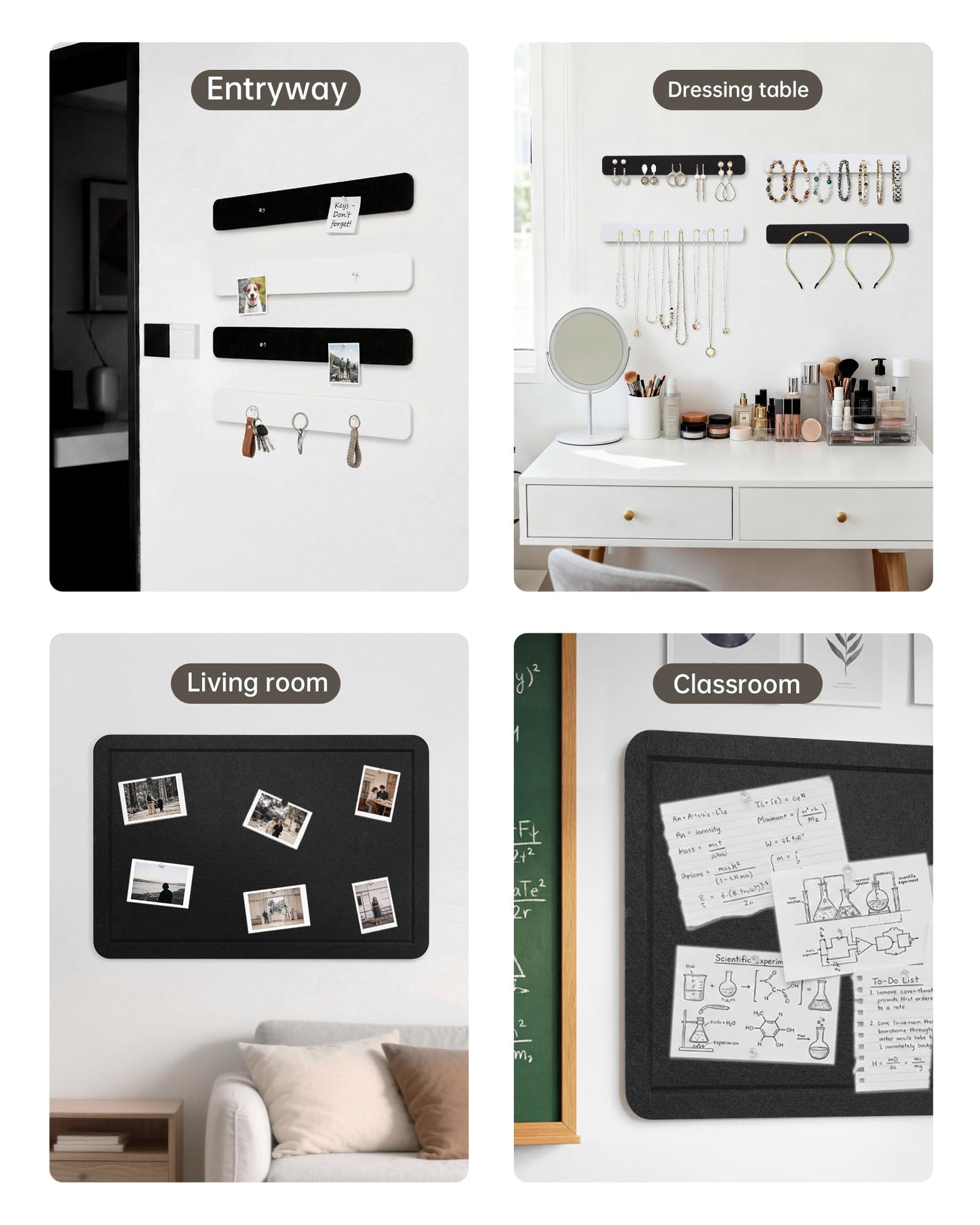 Small Felt Bulletin Board and 4 pcs Bar Strips Set, 24"X16" Cork Board Alternative with Removable Adhesive Tabs, 30 Push Pins for Office, Classroom, Bedroom, Walls Decorations - Black