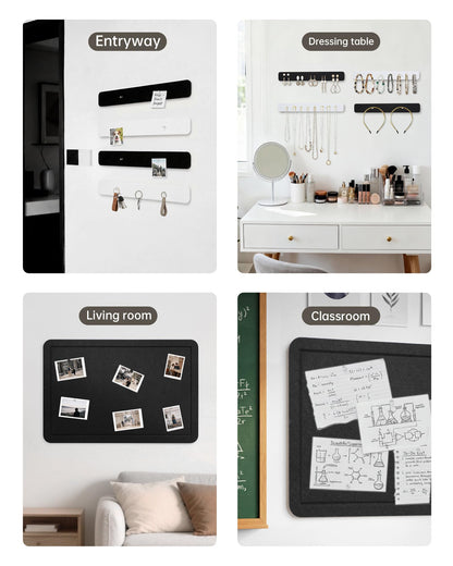 Small Felt Bulletin Board and 4 pcs Bar Strips Set, 24"X16" Cork Board Alternative with Removable Adhesive Tabs, 30 Push Pins for Office, Classroom, Bedroom, Walls Decorations - Black
