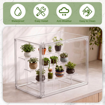 Novabright Mini Greenhouse Indoor, Clear Portable Tabletop Green House with Magnetic Door and 3-Layer Stand for Seed Starting, Plant Grow Warmer and Home Gardening Display, 14.1 x 10.6 x 9 in