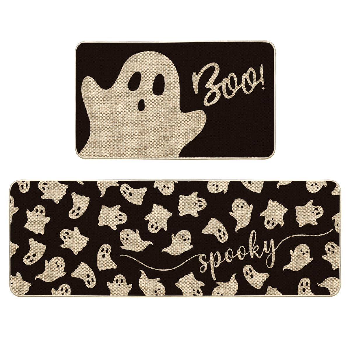 Artoid Mode Spooky Ghosts Boo Halloween Kitchen Mats Set of 2, Black Home Decor Low-Profile Kitchen Rugs for Floor - 17x29 and 17x47 Inch