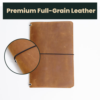 OMBUO Leather Travelers Notebook A5 – Full Grain Handmade Notebook Cover with Card Slots, Pen Loop & Elastic Bands – Refillable Planner for Work, Study & Travel (Notebook Not Included), Caramel Brown