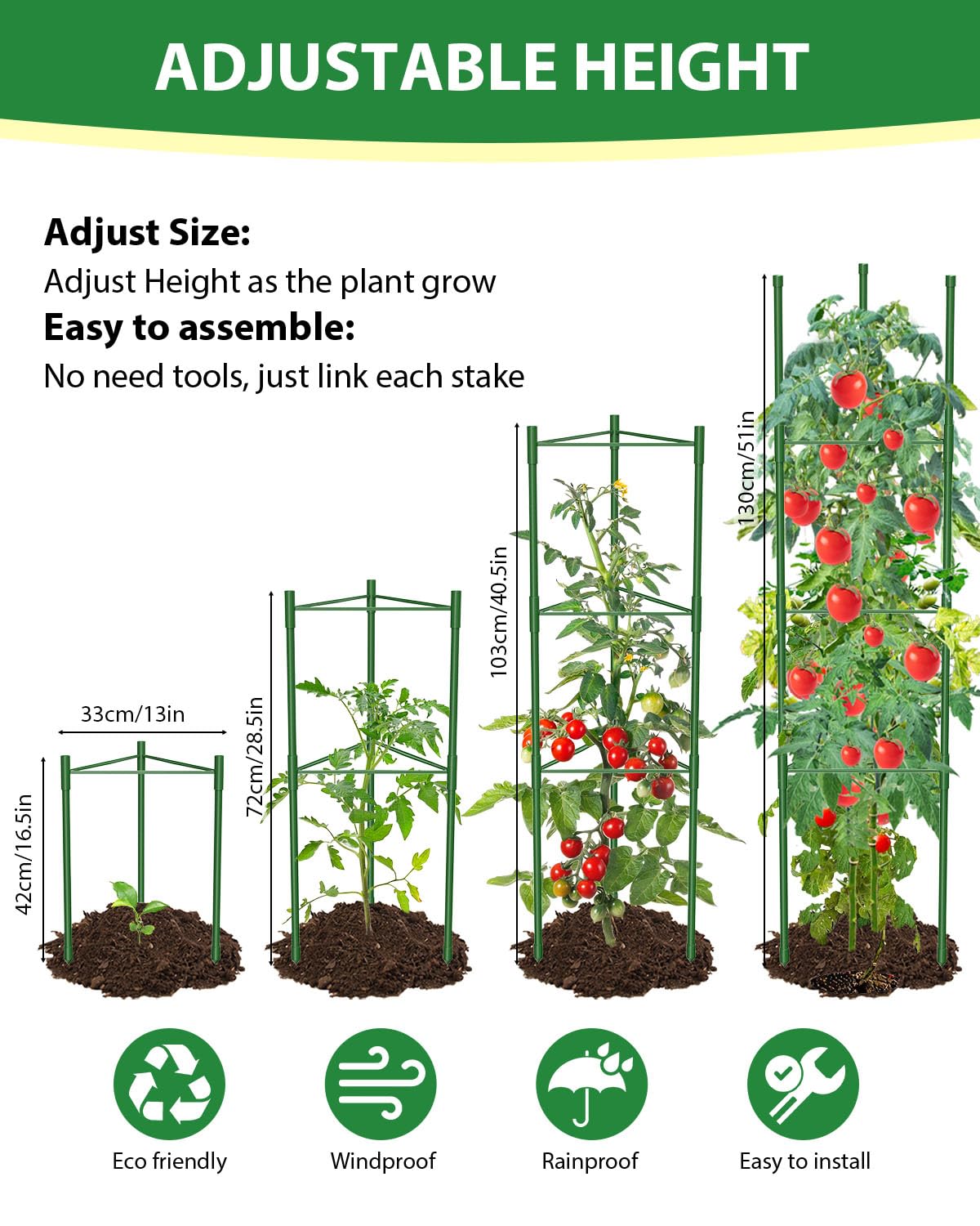 MYMULIKE 3 Pack Tomato Cages for Garden, 51in*13in Adjustable Tomatoes Plant Stakes Support Cages Trellis, Garden Trellis for Vegetable Flowers Fruits Climbing Plants- 20 Binding Wires Included