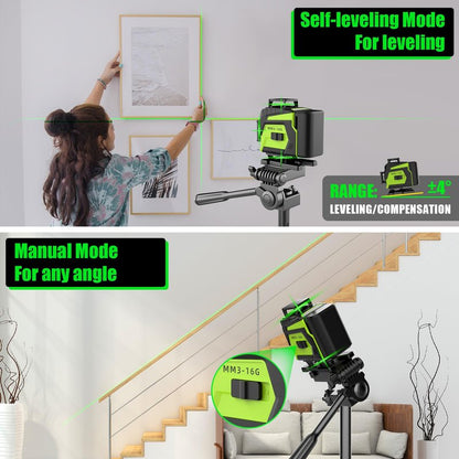 16 Line Laser Level with Tripod,4x360° Self Leveling Laser Level with 2 Batteries,4D Laser Level 360 Self Leveling,Green Line laser Level Tool for Construction,Picture Hanging,Home Renovation
