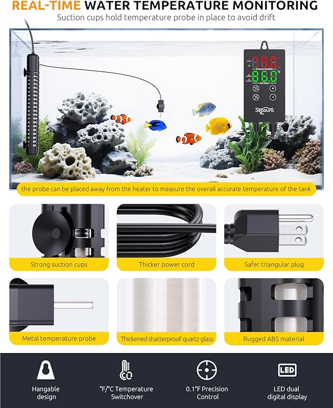 SEAOURA Aquarium Heater, 500W Fish Tank Heaters for 70-80 Gallon, Submersible Turtle Heater with Intelligent Controller Safety Protection, Automatic Power-Off When Leaving Water
