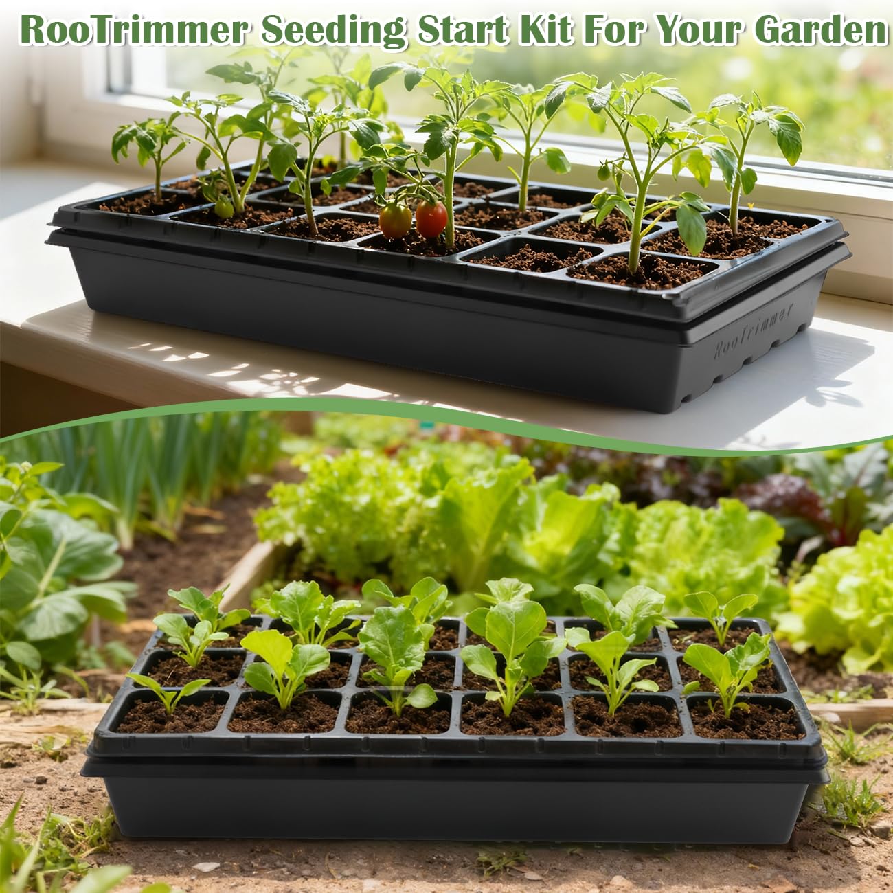 RooTrimmer 3 Inch Square Pots 2.9" Deep 18 Cell Seedling Trays with Water Collection Nursery 1020 Trays No Holes for Seeds Starting and Transplanting (20"x10",10 Sets)