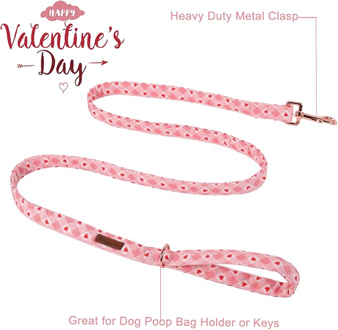 Valentine Dog Leash Match Dog Collar, Sturdy Durable Valentine’s Cotton Dog Leash, Plaid Heart Wedding Dog Training Leash for Small Medium Large Dog
