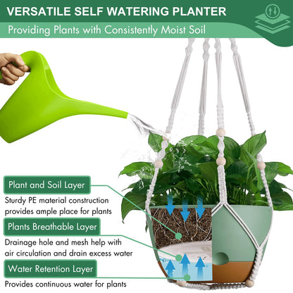 montresor Set of 2-10 Inch Hanging Planters and 5 Pack Green 5/5.5/6/6.5/7 Inch Self-Watering Pots Set