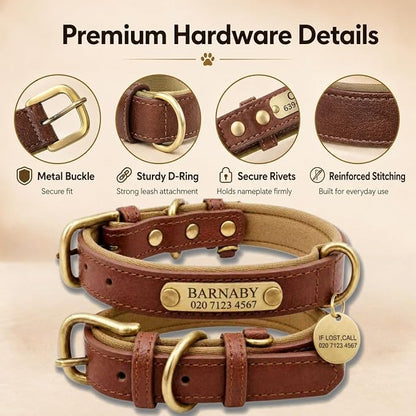 Leather Dog Collar Personalised and Leash Set, Personalized with Soft Padded Design Heavy Duty Featuring Custom Engraved Name Plate for Small Medium and Large Dogs