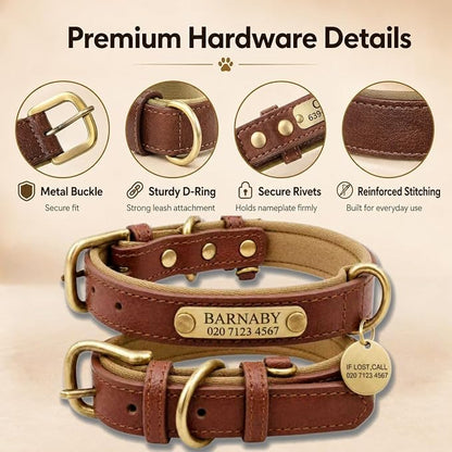 Leather Dog Collar Personalised and Leash Set, Personalized with Soft Padded Design Heavy Duty Featuring Custom Engraved Name Plate for Small Medium and Large Dogs