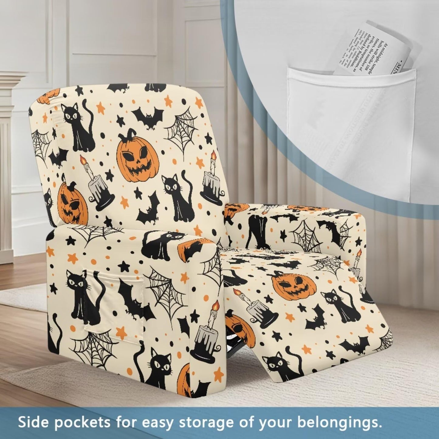 ASQVTIFE Pumpkin Recliner Covers That Stay in Place for Living Room Halloween Black Cat Electric Recliner Chair Covers Halloween Chair Cover for Recliner Halloween Decorations for Home Easy to Clean