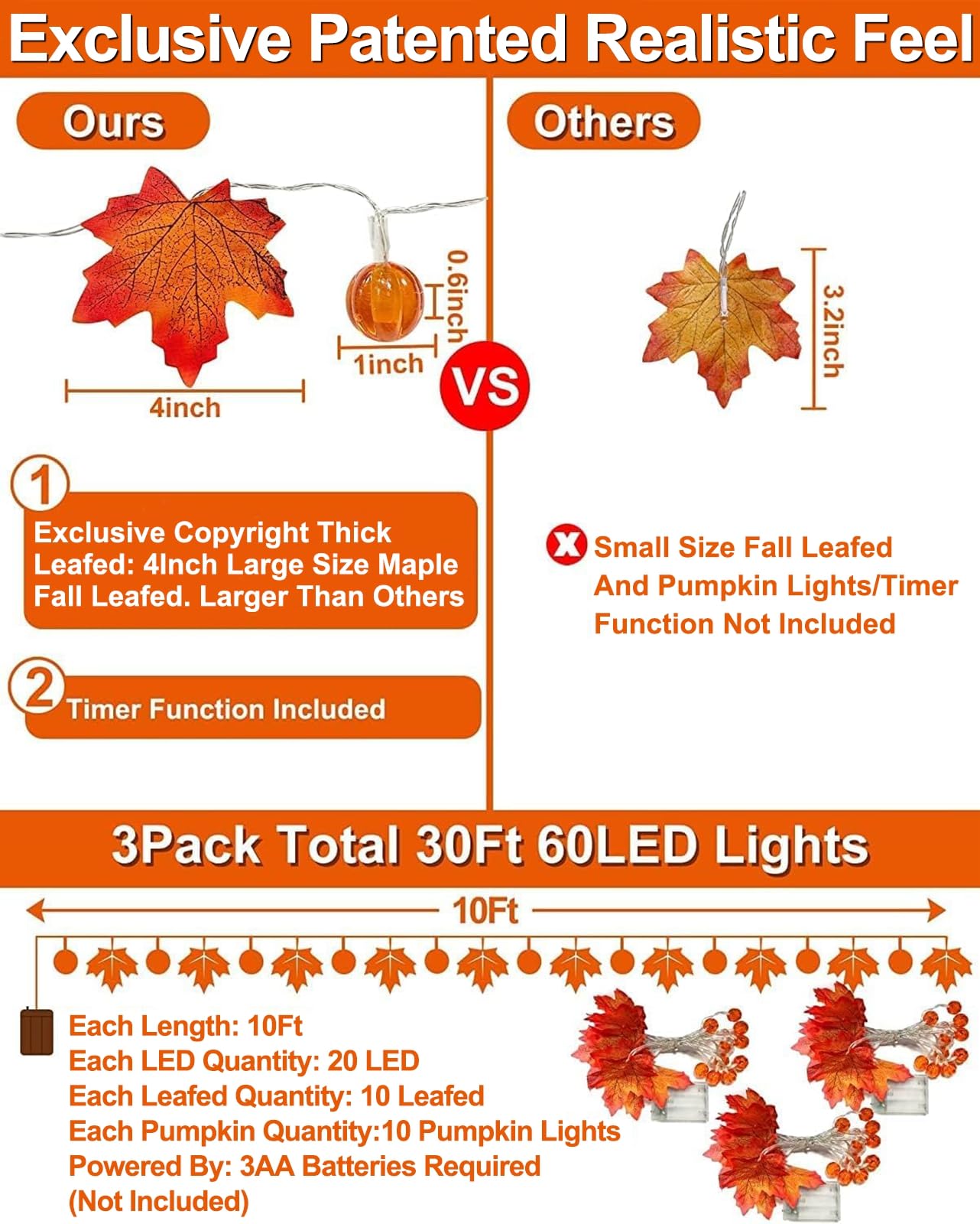3 Pack & Timer - Fall Decor Fall Garland with Pumpkin Lights Fall Decorations for Home, 30Ft 60LED 3D Pumpkin Fall Lights Patented Enlarged Maples Leaves Battery Operated Halloween Thanksgiving Decor