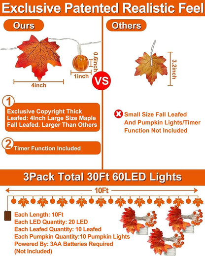 3 Pack & Timer - Fall Decor Fall Garland with Pumpkin Lights Fall Decorations for Home, 30Ft 60LED 3D Pumpkin Fall Lights Patented Enlarged Maples Leaves Battery Operated Halloween Thanksgiving Decor
