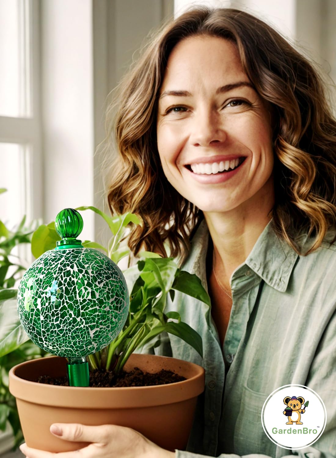 16 Oz Plant Watering Globes for Indoor Plants with Metal Self Watering Planter Insert - Premium XL Glass Hand-Blown Globe - Automatic Plant Waterer Indoor, Gift Idea for Gardeners [1 Globe, Mosaic]
