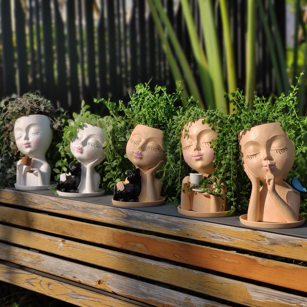 Simabsie Face Planter Pots, Resin Face Planter for Indoor/Outdoor Plants,Head Planter with Drainage Hole/Removable Saucer,Girl Holding Coffe (Coffee, Skin)