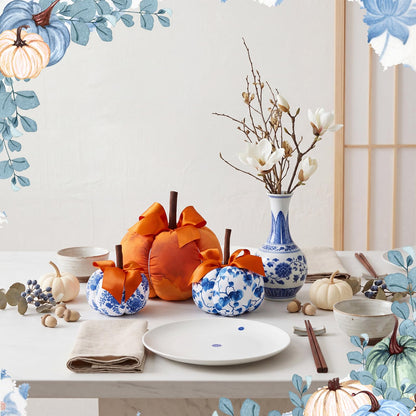 Frienda 3 Pcs Blue White Orange Fabric Pumpkins Chinoiserie Thanksgiving Decor Rustic Pumpkins Blue and White Porcelain Faux Fall Decor for Autumn Harvest Farmhouse Wedding Table Centerpiece Mantel