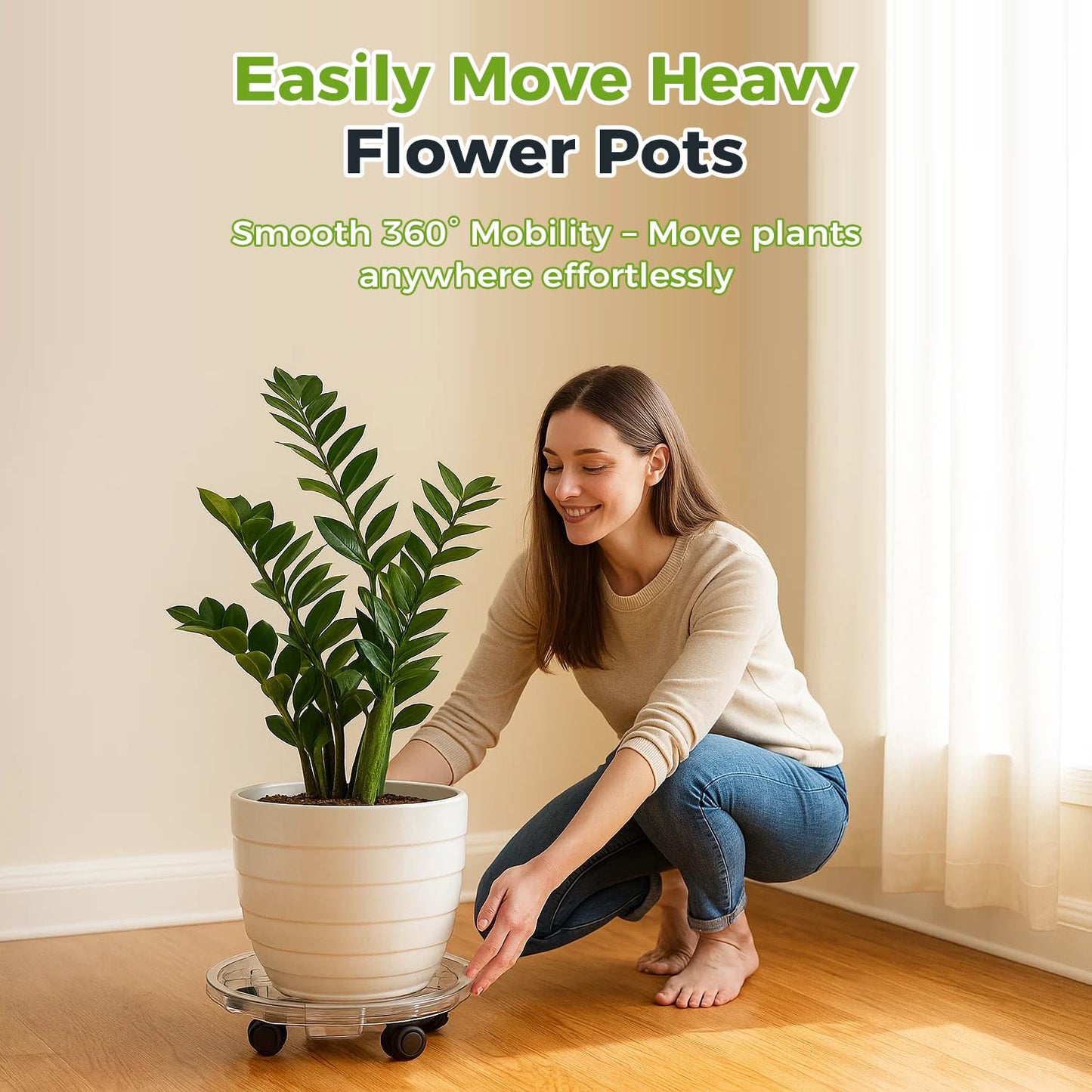 KvyusFlourish 4 Packs 16 Inches Extra-large Clear Plant Caddy Plant Saucers on Wheels Rolling Plant Stands Heavy-duty Plant Dolly Plastic Planter Roller Base Pot Movers Outdoor Plant Tray Coaster