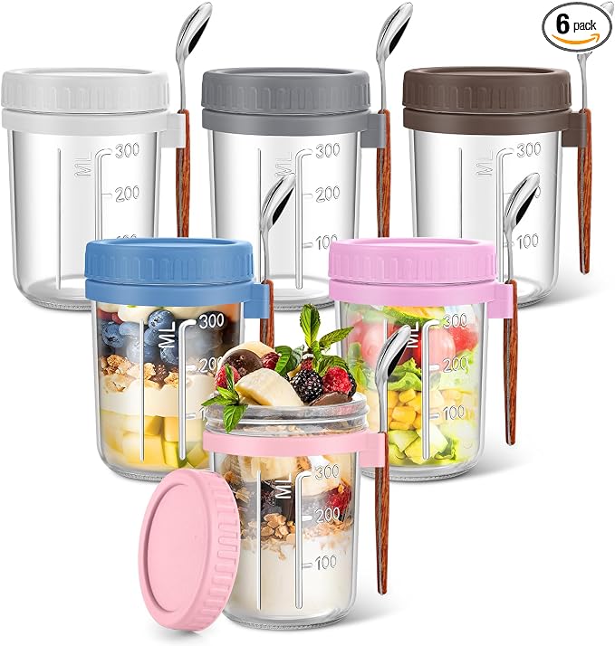 Overnight Oats Jars 16 oz with Lids & Spoons – 6 Pack Glass Mason Jars Airtight Meal Prep Containers for Yogurt, Cereal, Fruit – Leakproof, Stackable, Dishwasher Safe