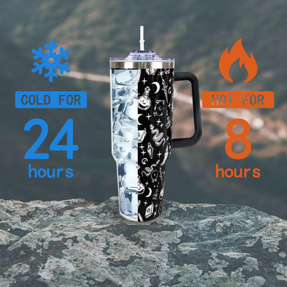 Goth 40 Oz Tumbler with Handle and Straw Halloween Gothic Coffee Travel Cup Mug Water Bottle Drinking Glass, Unique Gothic Witchy Goth Gifts for Women, Halloween Goth Gift Ideas, Goth Accessories