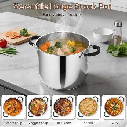 P&P CHEF Stainless Steel Stock Pot, 10 Qt Cooking Soup Pot with Visible Lid for Pasta, Tri-Ply Bottom & Dual Heatproof Handles, For Induction Gas All Stoves, Non-Toxic & Dishwasher Safe