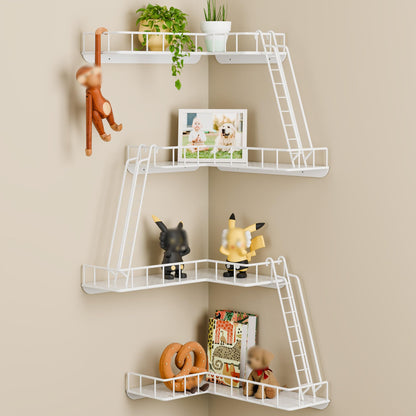 WOPITMER Fire Escape Wall Shelf - Modern City Style 4-Tier Corner Wall Shelves, Easy to Install Metal Ladder Shelf for Figures, New York Decorative Shelves for Bathroom, Living Room & Home Decor,White