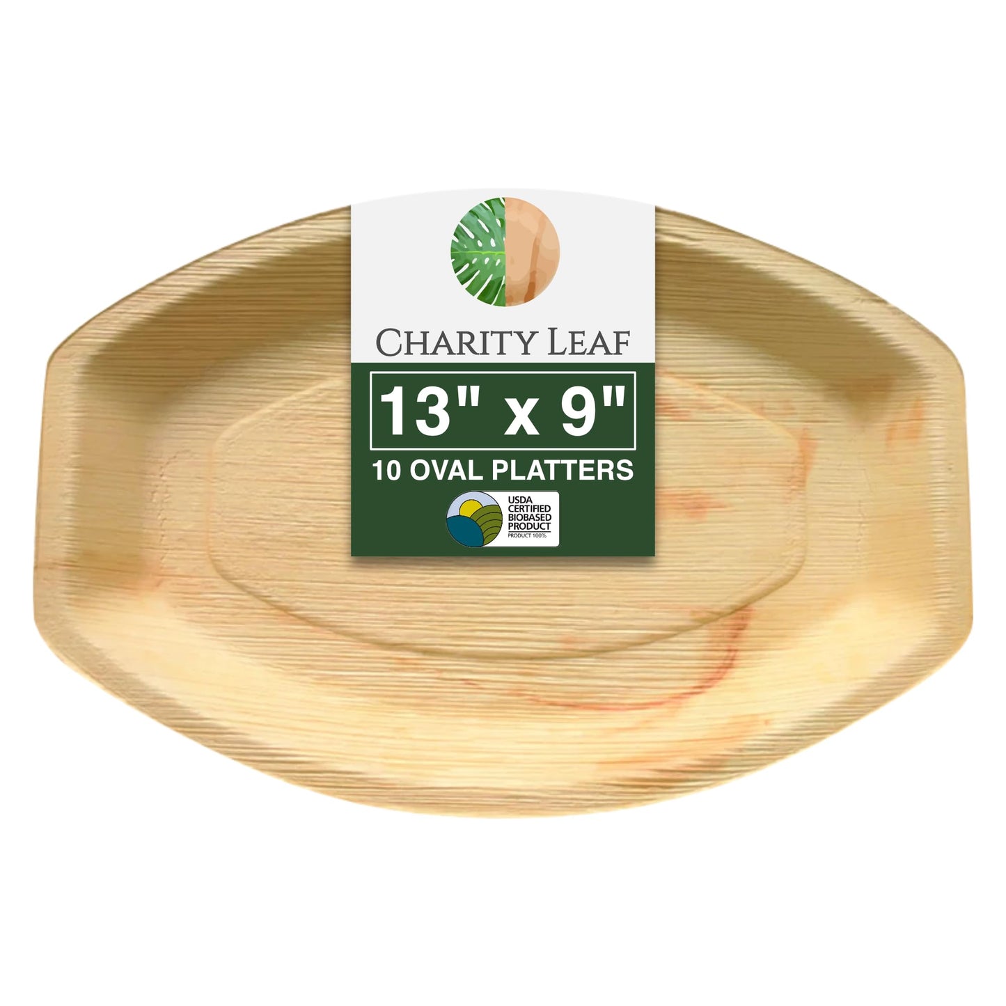 Charity Leaf Disposable Palm Leaf 13" x 9" Trays (10 pieces) Bamboo Like Serving Platters, Disposable Boards, Eco-Friendly Dinnerware For Weddings, Catering, Events