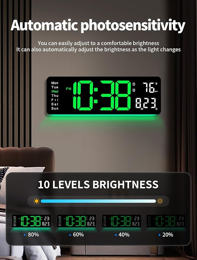 MASHI Digital Wall Clock, 16" Large Display Digital Clock with Remote Control, Auto-Dimming Wall Clock with Night Light, DST, Date Week,Temp for Living Room, Bedroom, Decor, Gift for Elderly