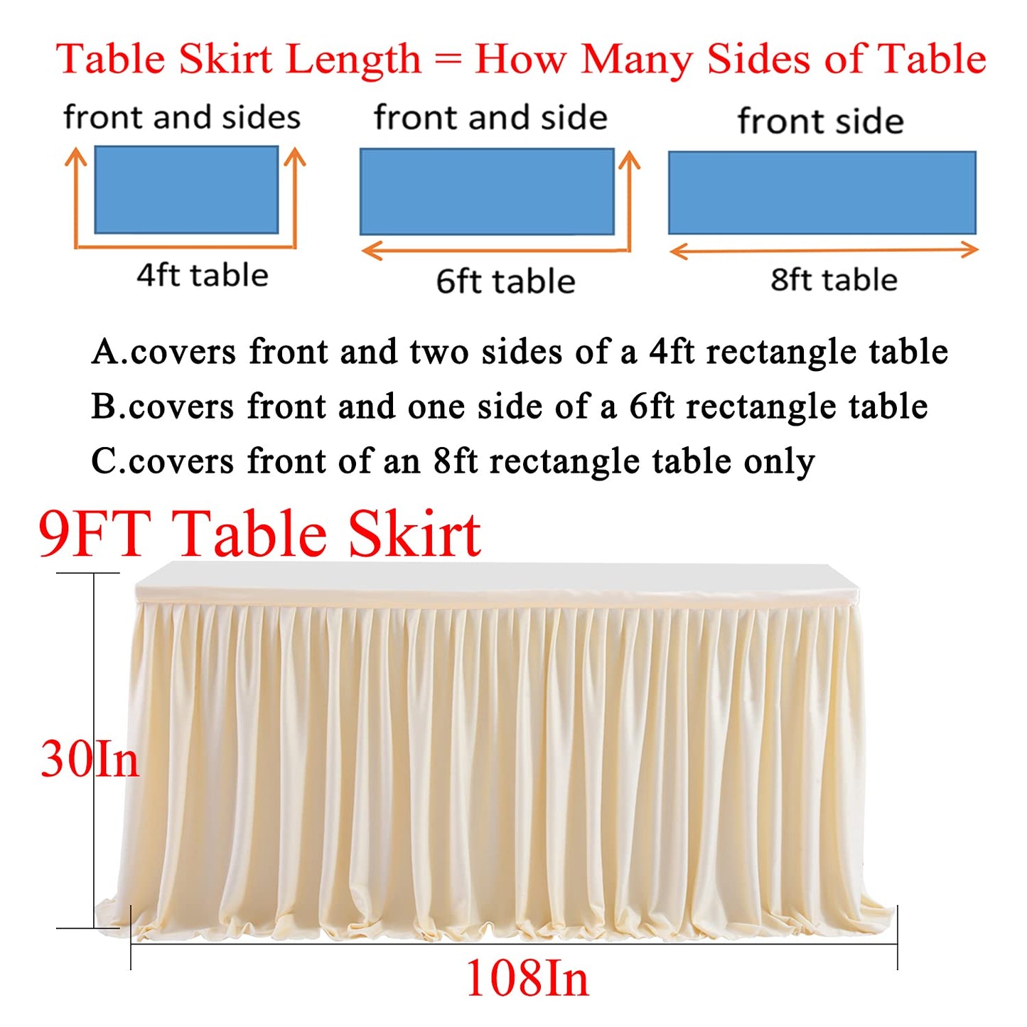 Ivory Table Skirt for Rectangle Tables - 9ft Polyester Pleated Skirt for Wedding, Birthday, Baby Shower & Banquet Decoration