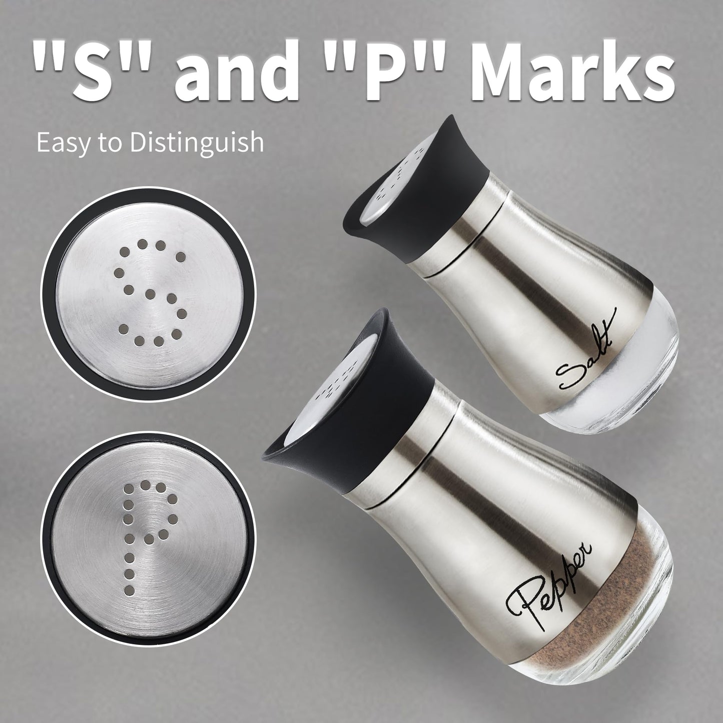 Lonffery Salt and Pepper Shakers Set, Stainless Steel Salt Containers with Glass Bottle for Table, RV, Camp, BBQ, Set of 2