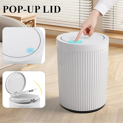 JiatuA Small Bathroom Trash Can with Lid, 2.1 Gallon Garbage Can with Pop-Up Lid Trash Bin Round Wastebasket for Kitchen Bedroom Office Living Room Toilet College Dorm, White