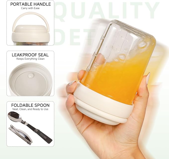 Overnight Oats Containers with Handles & Lids – 16oz Glass Mason Jars with Spoons & Fruit Compartments, Chia Pudding Jars with Lids, 4 Sets (Cream, Dark Blue, Purple, Green)