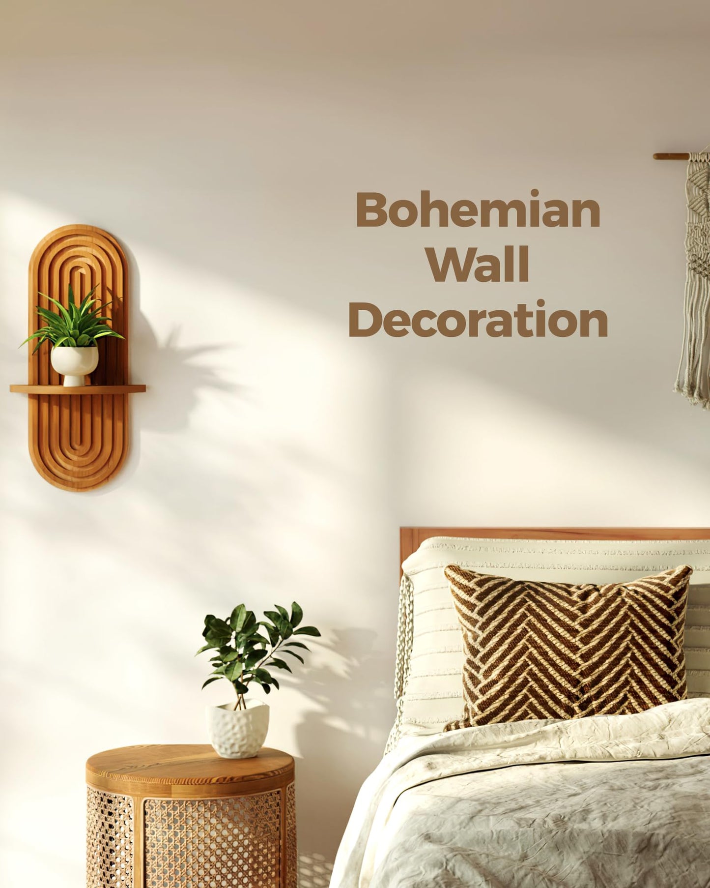 Bamworld Boho Wall Decor Brown Plant Wall Shelf, Mid Century Modern Decor Hanging Plant Shelf, 1-Tier Bamboo Floating Shelves for Home Bathroom Bedroom Living Room Holding Planter Decoration Brown