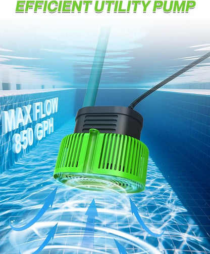 Pool Cover Pump above Ground - Submersible Water Sump Pump Swimming Water Removal Pumps, with Drainage Hose & 25 Feet Extra Long Power Cord, 850 GPH inGround, 3 Adapters
