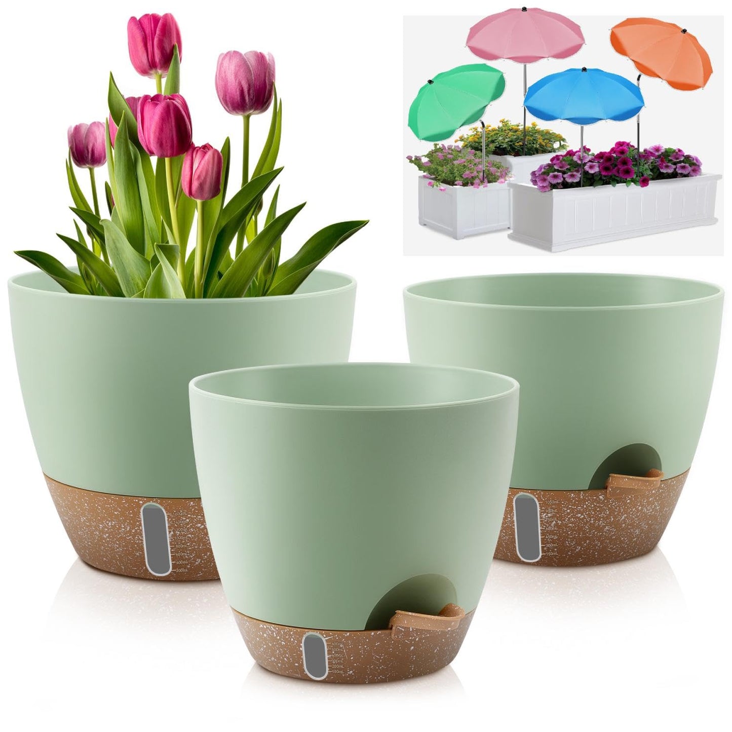 QRRICA 10/9/8/7.5/7 Inch Self Watering Pots and 4 Pack 23.6 Inch Plant Umbrellas for Outdoor Plants