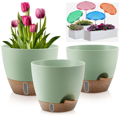 QRRICA 10/9/8/7.5/7 Inch Self Watering Pots and 4 Pack 23.6 Inch Plant Umbrellas for Outdoor Plants