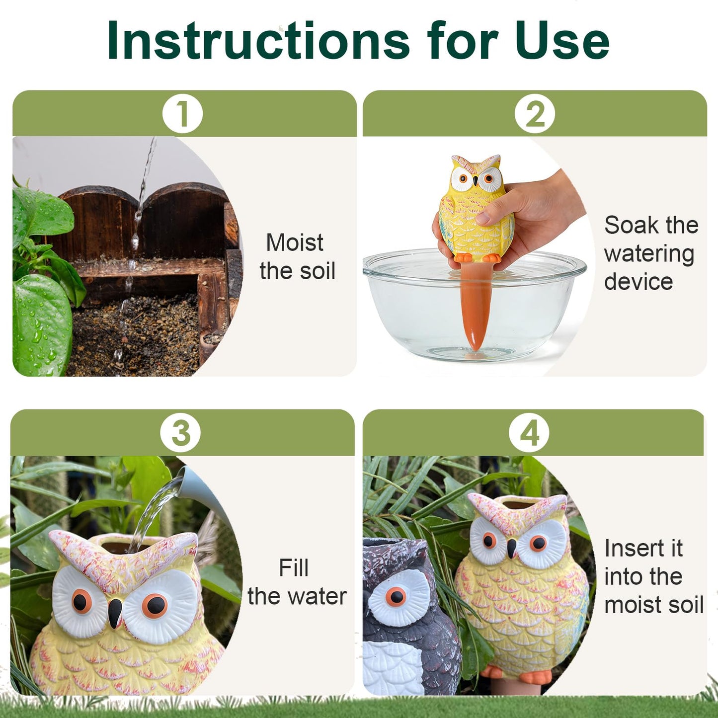MCleanPin 4 Pack Self Watering Spikes and Globes, Handmade Terracotta Owl Self-Watering Plant Devices with Slow Release System, Automatic Water Bulbs for Indoor and Outdoor Garden Pots Vacation