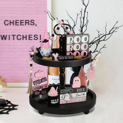 Pink Halloween Decorations 8PCS Tiered Tray Decor, Cute Girlie Tabletop Halloween Decor for Home Office Tray Shelf Mantel Office Table Centerpieces Farmhouse Rustic Spooky Wood Signs